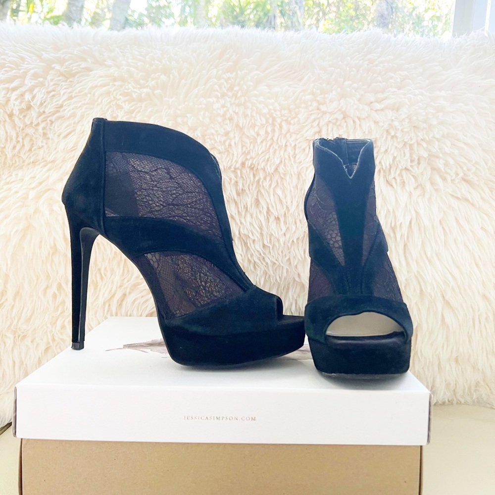 Jessica Simpson Peep Toe Lace Suede Black Bootie Heel
